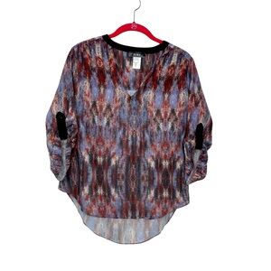 Fury V Neck Multi Color Blouse Small Roll Tab Sleeve Black White Blue Maroon